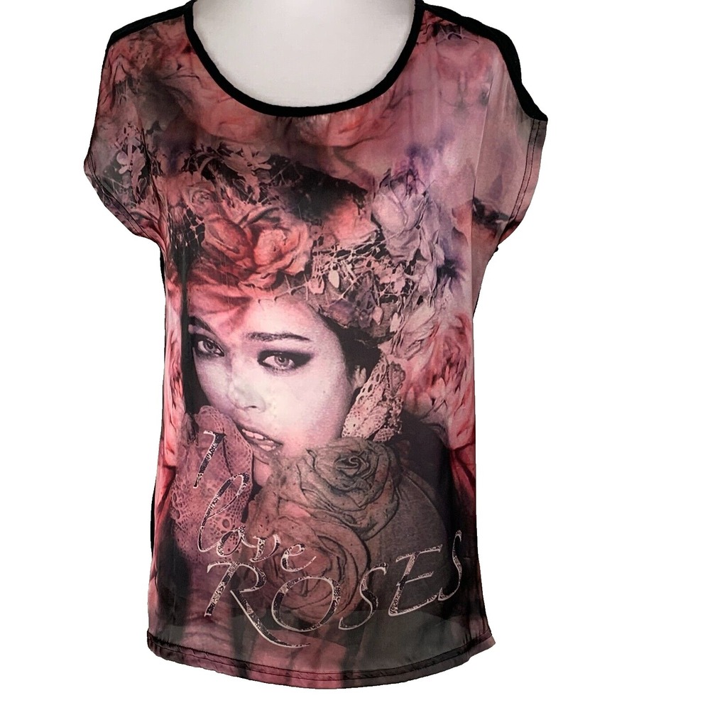 I Jeans by Buffalo Womens I love Roses Size M Graphic Top Shirt Print Casual